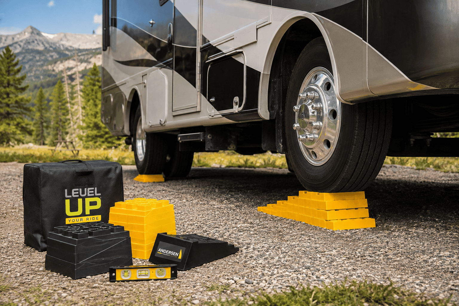 RV parked on leveling blocks at a gravel campsite with additional leveling gear beside the rig