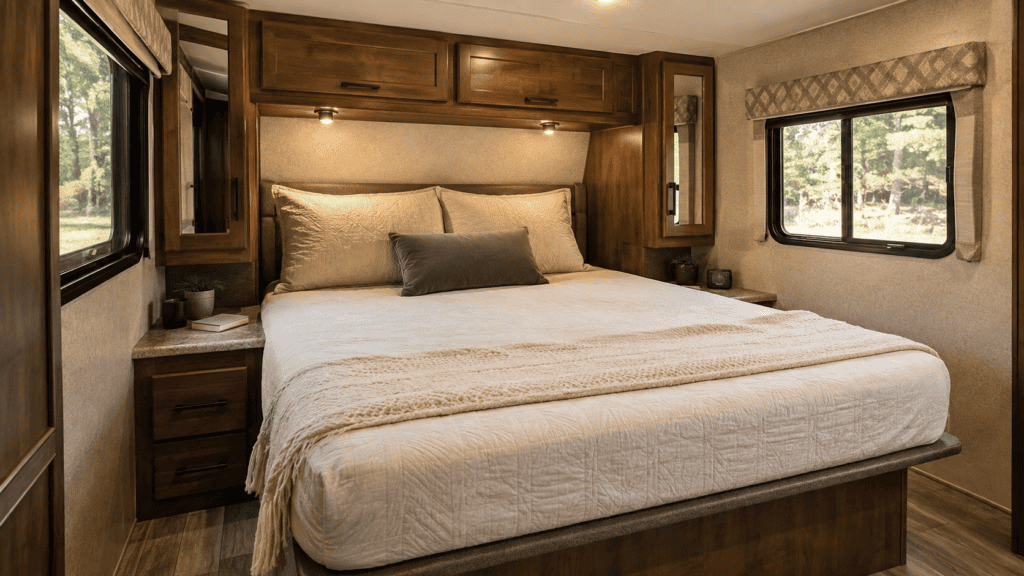 Standard RV mattress in a compact motorhome bedroom with built-in cabinets and bedside storage