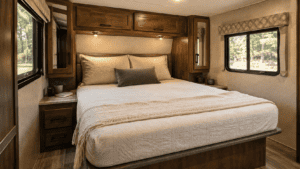 Standard RV mattress in a compact motorhome bedroom with built-in cabinets and bedside storage