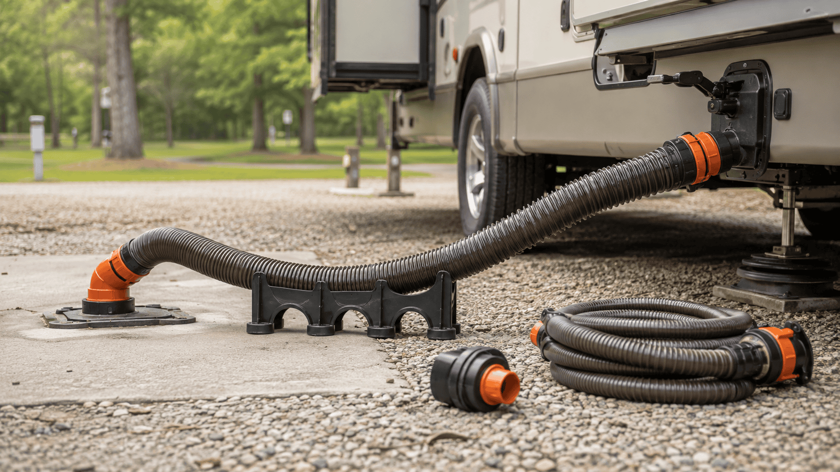 RV sewer hose connected from a camper waste outlet to a campground sewer inlet