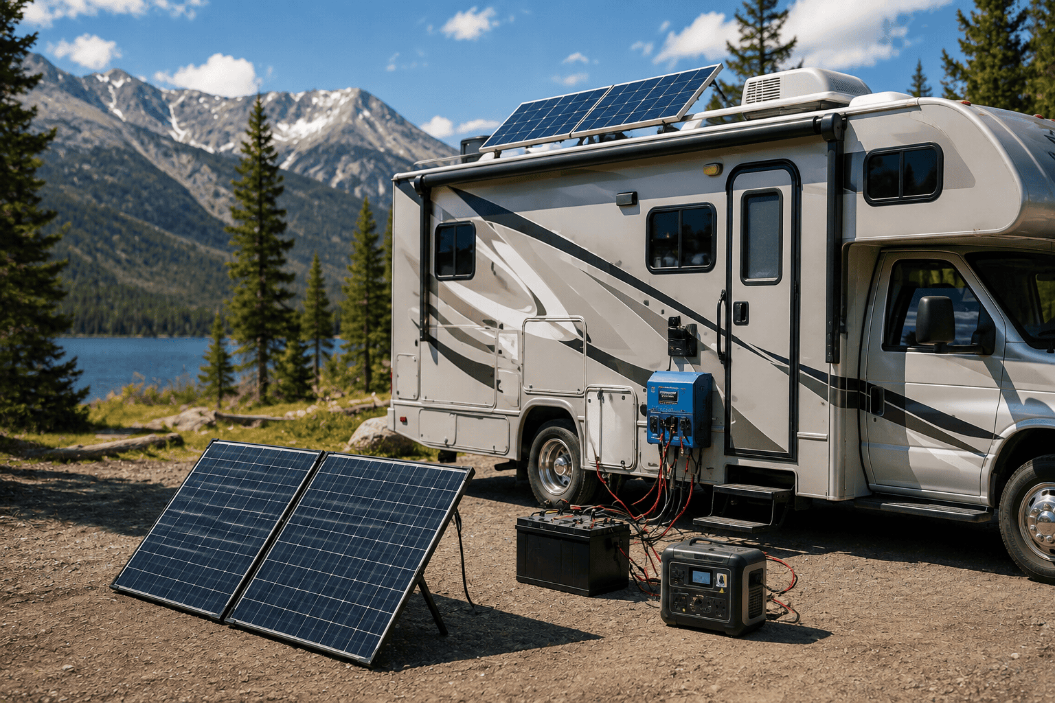 RV solar setup with rooftop and portable solar panels, batteries, and charging equipment at a campsite