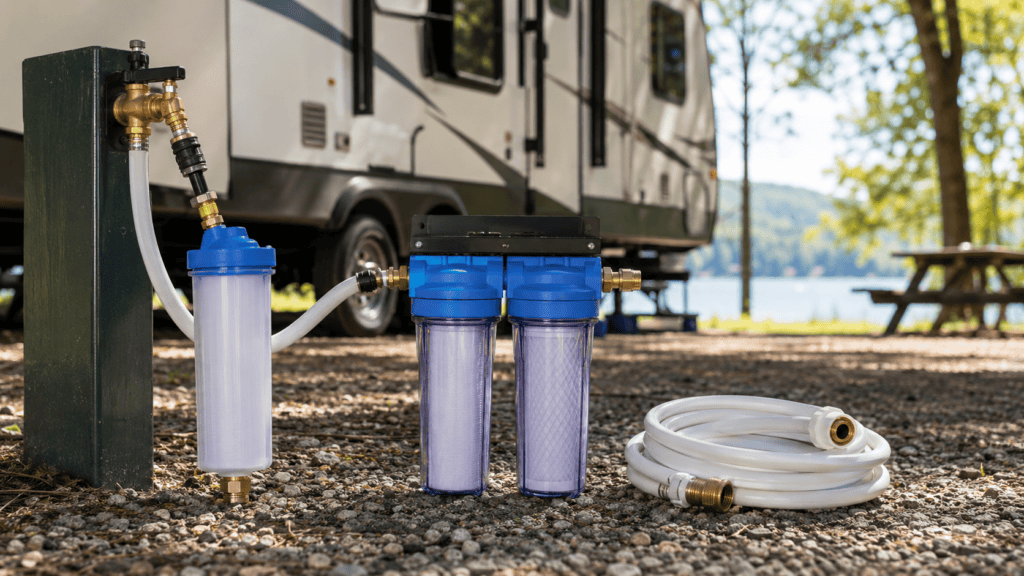 RV water filter options, including inline and dual-canister filters, beside a camper at a campsite