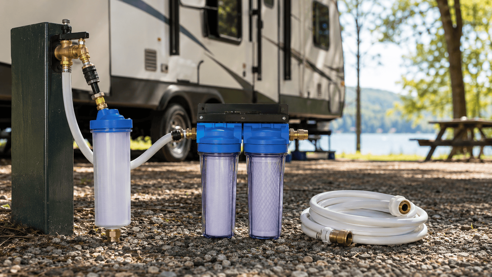 RV water filter options, including inline and dual-canister filters, beside a camper at a campsite