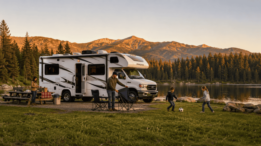 Class C motorhome parked at a lakeside campground with a family relaxing outside at golden hour.