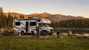 Class C motorhome parked at a lakeside campground with a family relaxing outside at golden hour.