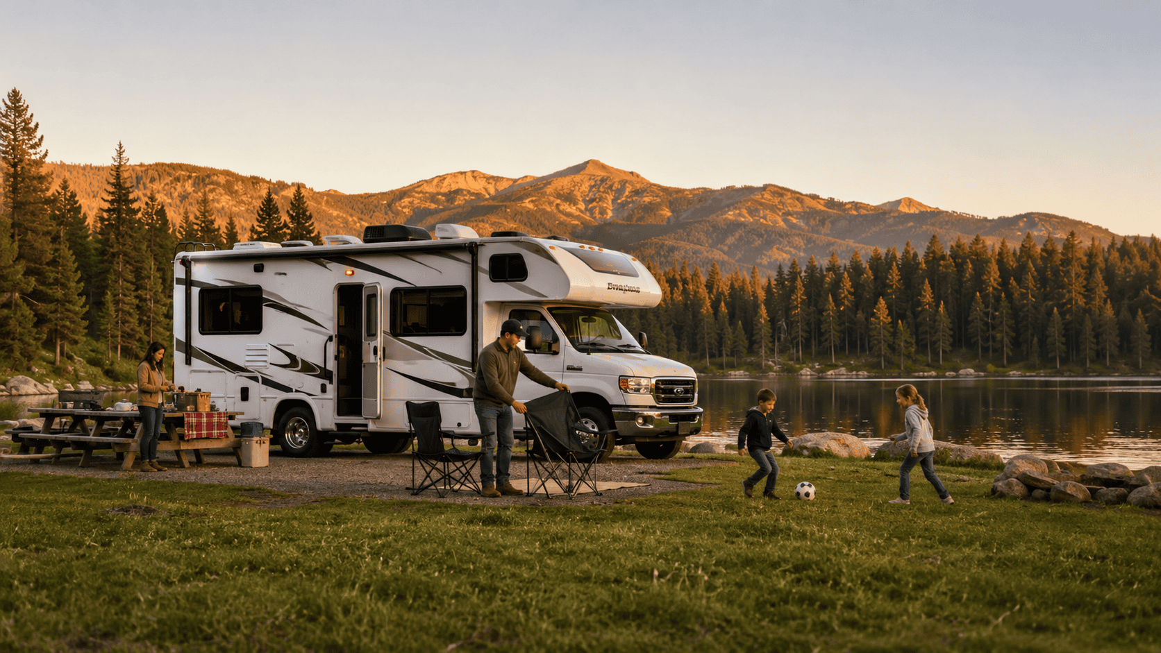Class C motorhome parked at a lakeside campground with a family relaxing outside at golden hour.