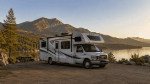Class C motorhome parked at a lakeside campsite at sunset with forested mountains in the background.