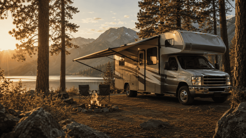 Modern Class C motorhome at a mountain lake campsite with an extended awning, camp chairs, and campfire at golden hour.