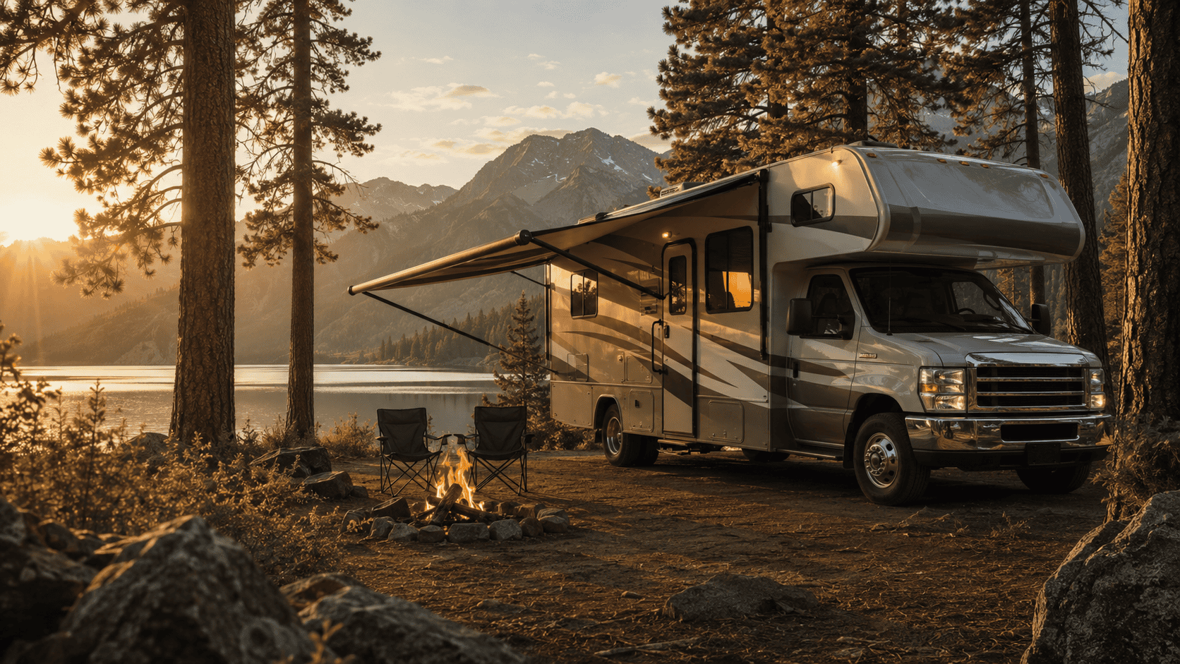 Modern Class C motorhome at a mountain lake campsite with an extended awning, camp chairs, and campfire at golden hour.