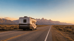Class C motorhome on an open highway heading toward distant mountains at sunset.