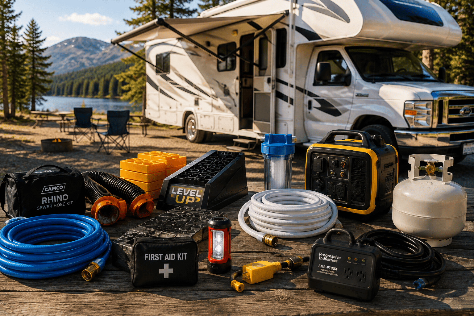 Essential RV accessories arranged beside a motorhome, including hoses, leveling blocks, water filter, surge protector, and safety gear