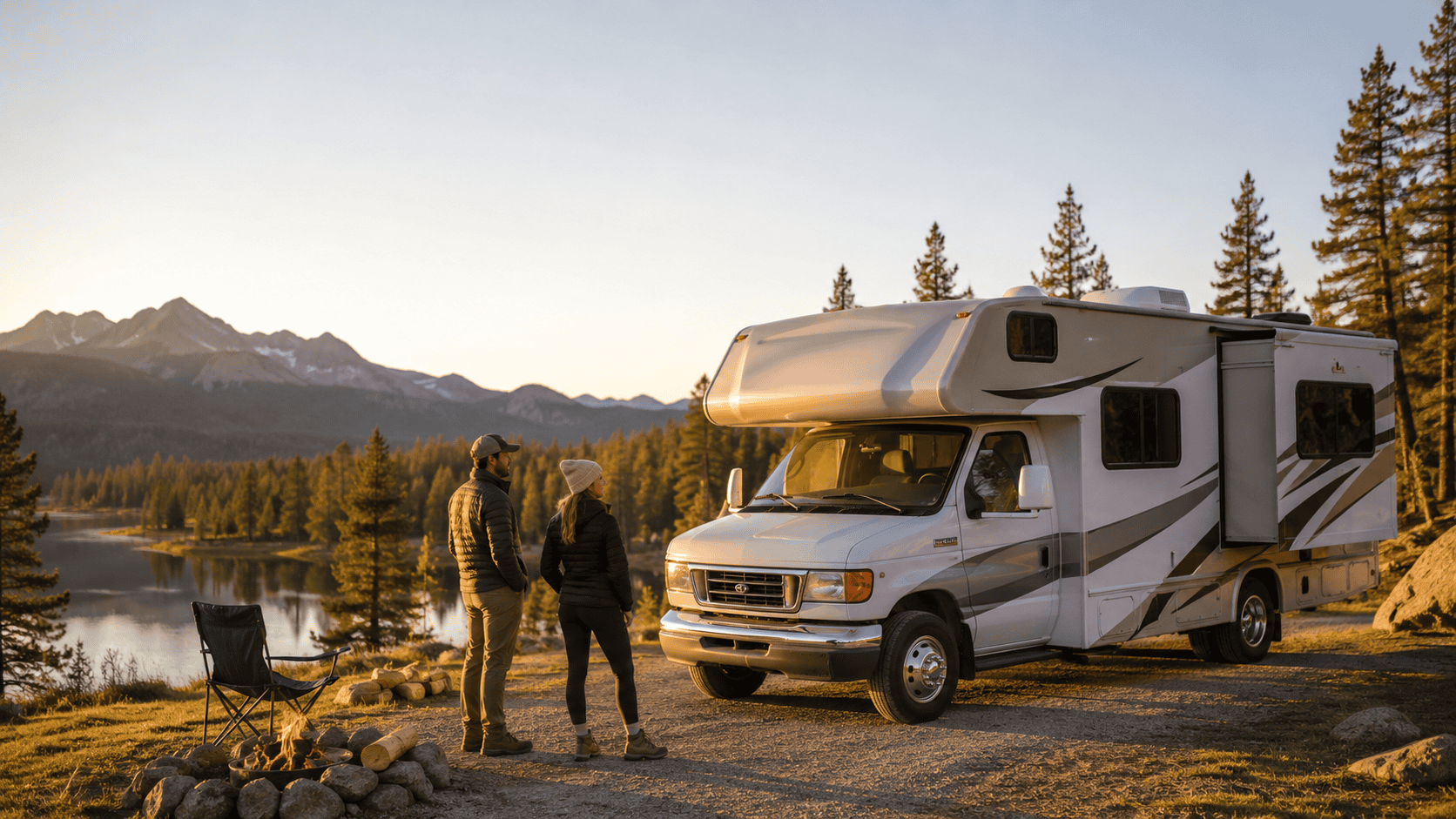 Couple standing beside a modern Class C motorhome at a scenic mountain lake campsite during golden hour, looking at the RV.