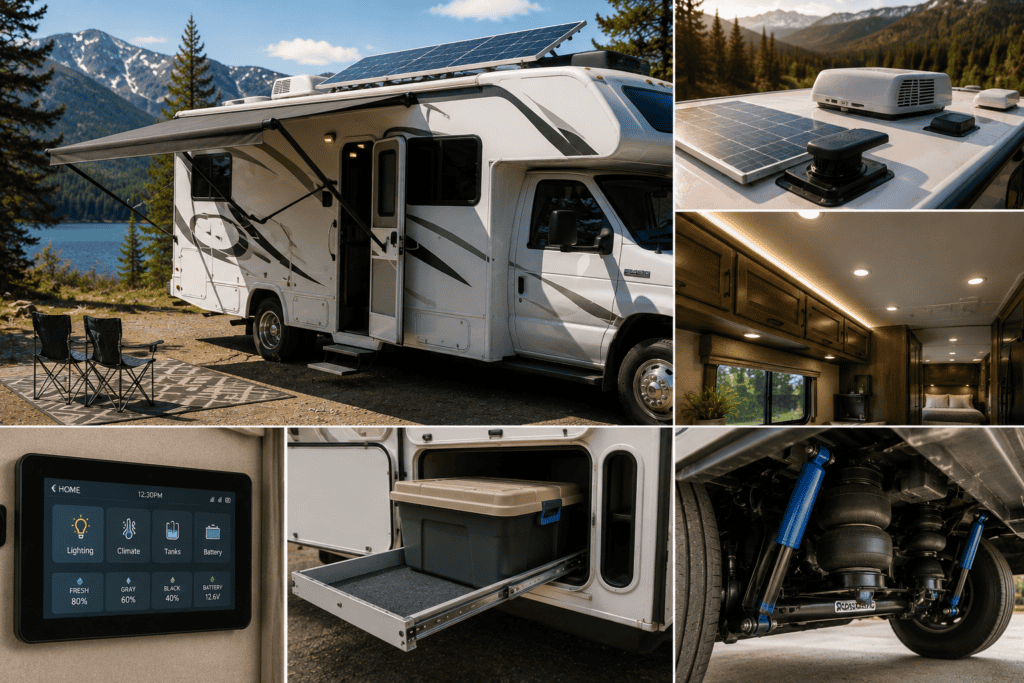 RV with popular upgrades including solar panels, improved lighting, storage, smart controls, and suspension components