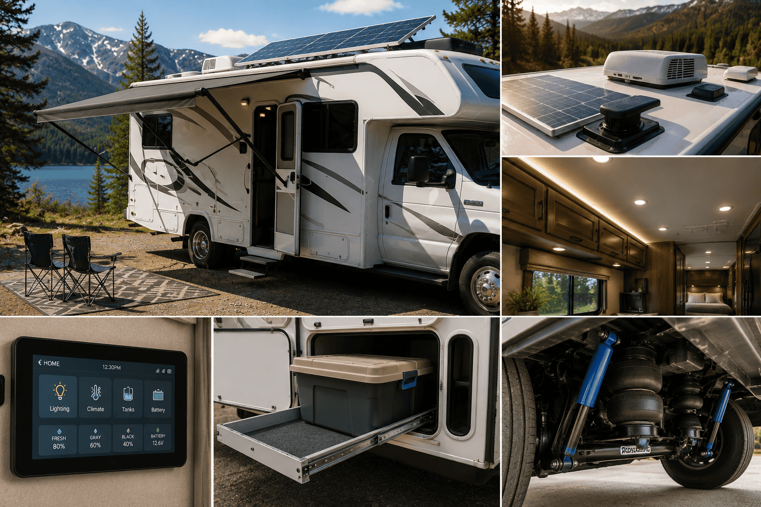 RV with popular upgrades including solar panels, improved lighting, storage, smart controls, and suspension components
