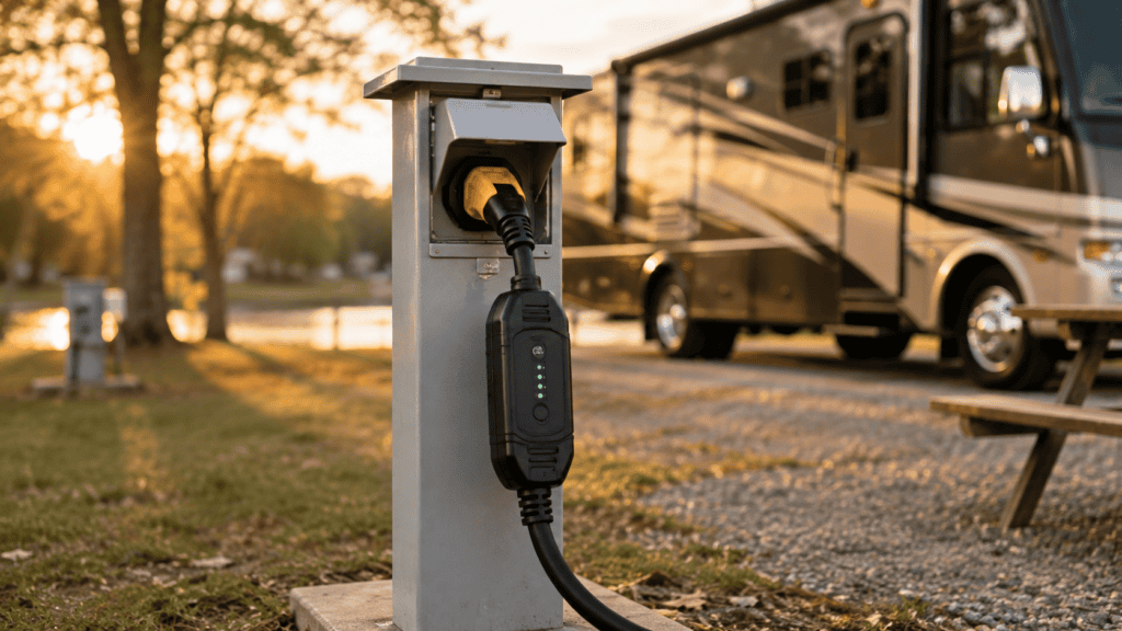 RV surge protector plugged into a campground power pedestal with a motorhome in the background.
