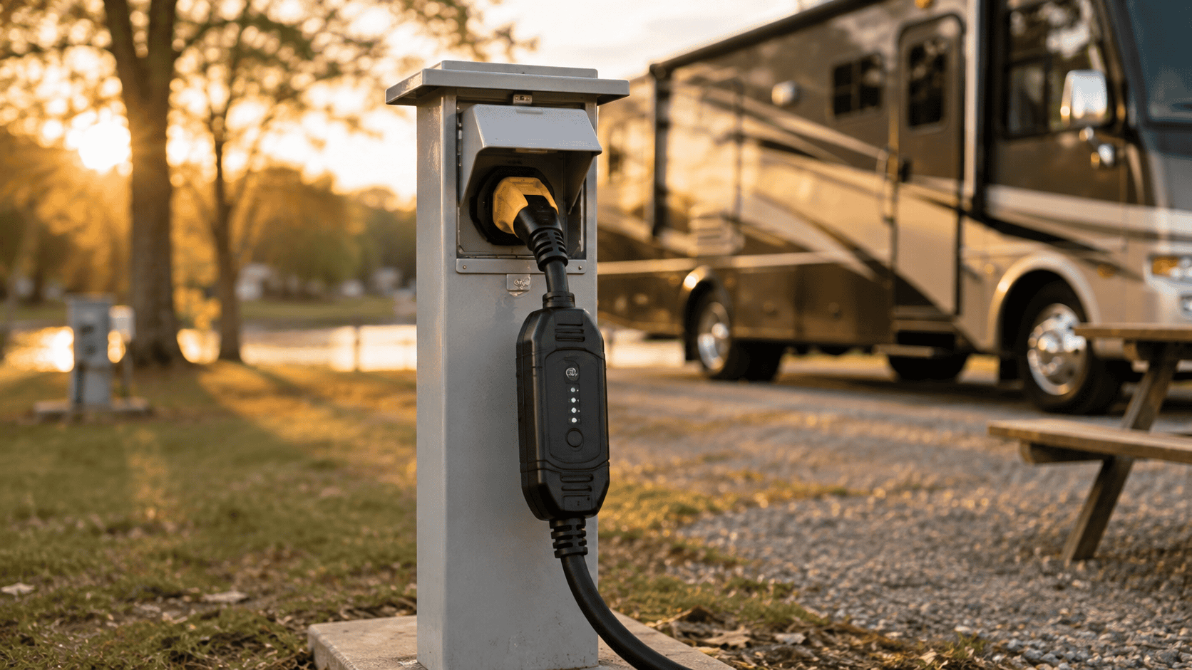 RV surge protector plugged into a campground power pedestal with a motorhome in the background.