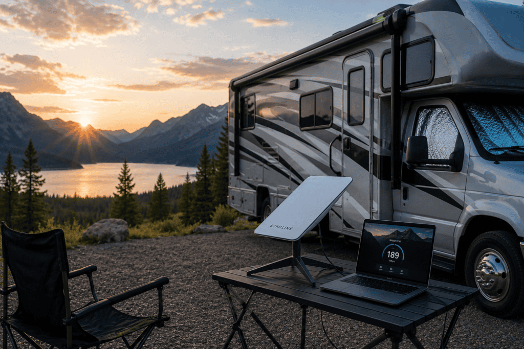Starlink satellite dish and laptop set up beside an RV at a remote mountain campsite