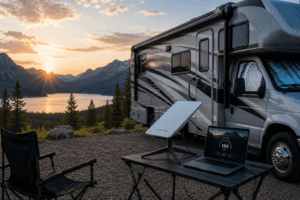 Starlink satellite dish and laptop set up beside an RV at a remote mountain campsite