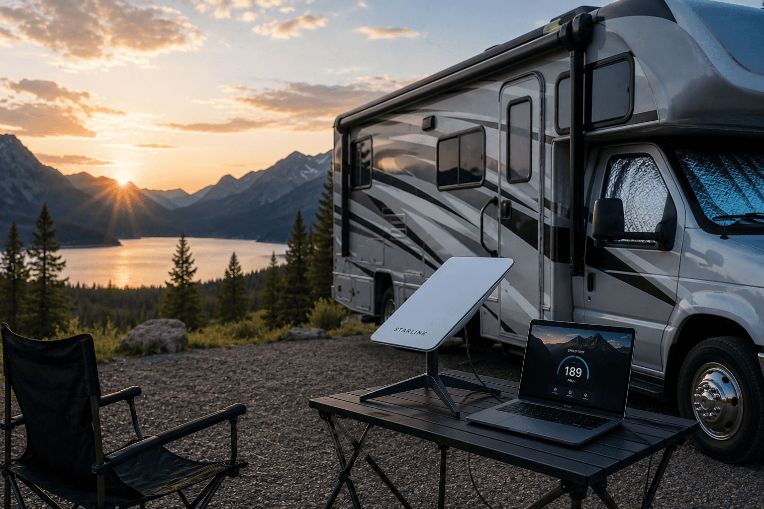 Starlink satellite dish and laptop set up beside an RV at a remote mountain campsite
