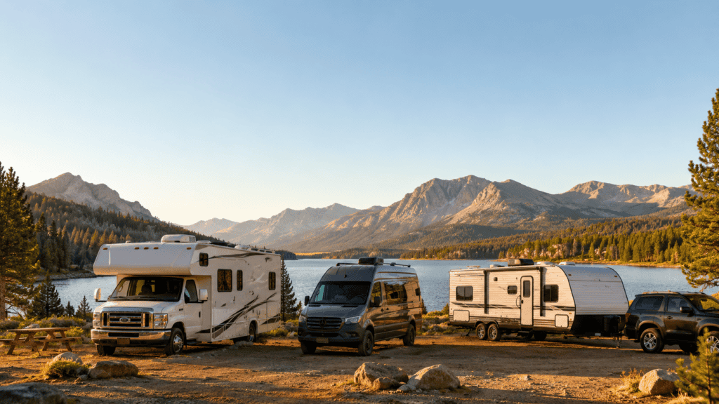 Three RV types parked at a lakeside campsite, including a Class C motorhome, campervan, and travel trailer.