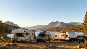 Three RV types parked at a lakeside campsite, including a Class C motorhome, campervan, and travel trailer.