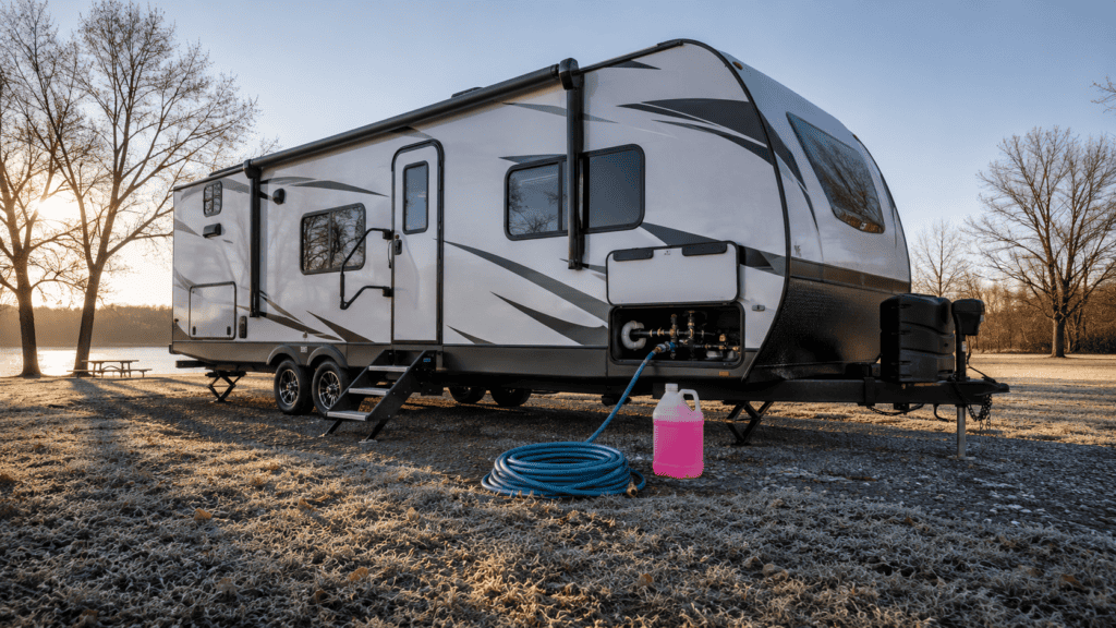 RV parked at a frosty campsite with a jug of pink RV antifreeze and a coiled water hose ready for winterizing.
