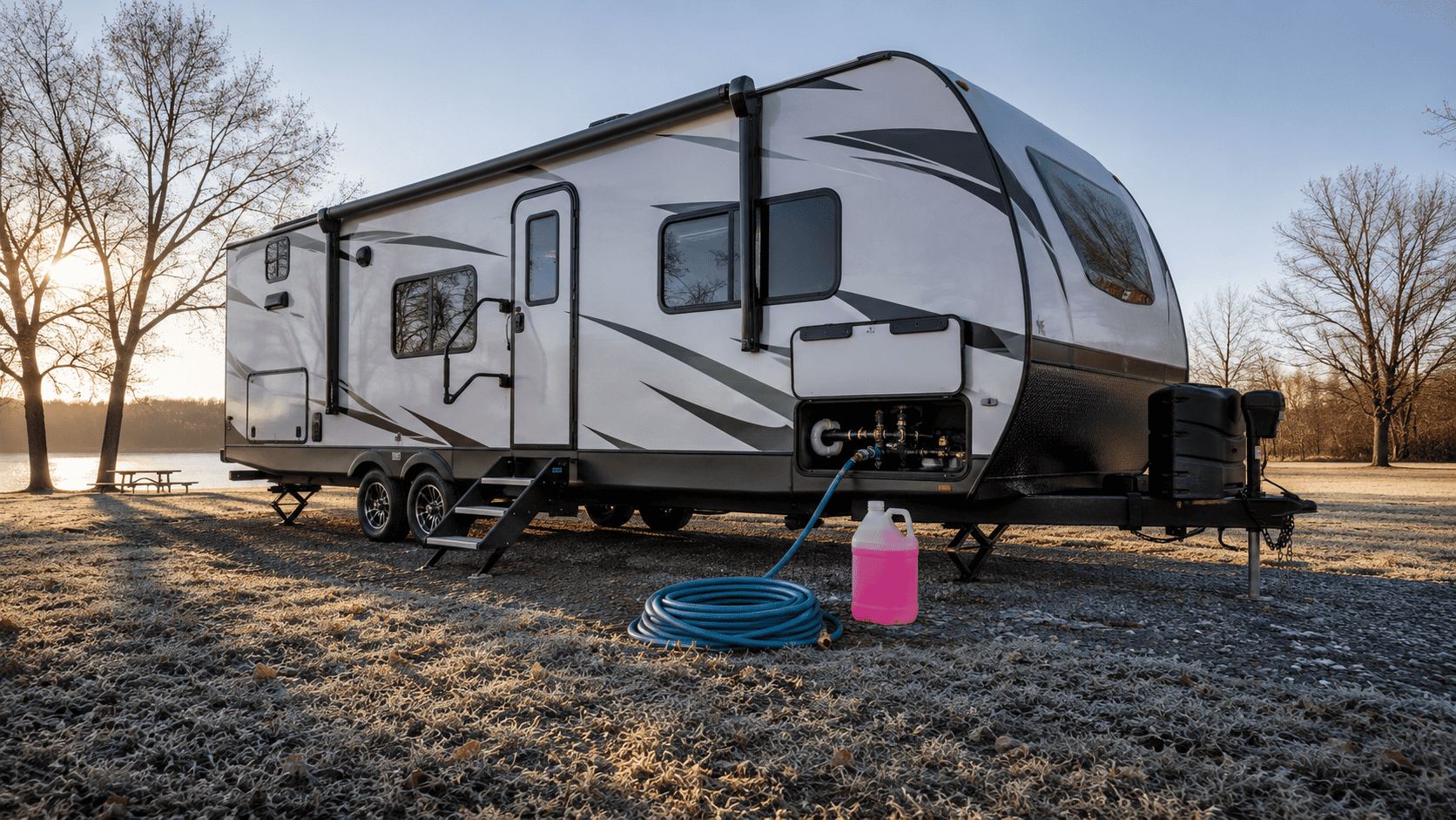 RV parked at a frosty campsite with a jug of pink RV antifreeze and a coiled water hose ready for winterizing.