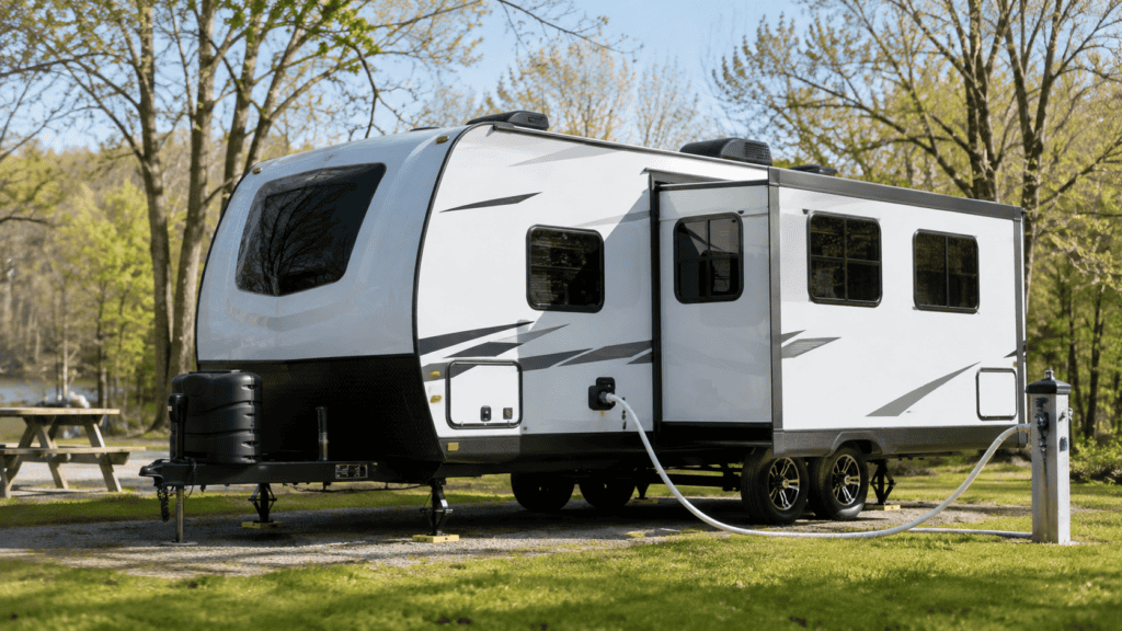 RV connected to a fresh-water hose at a spring campsite while being de-winterized.