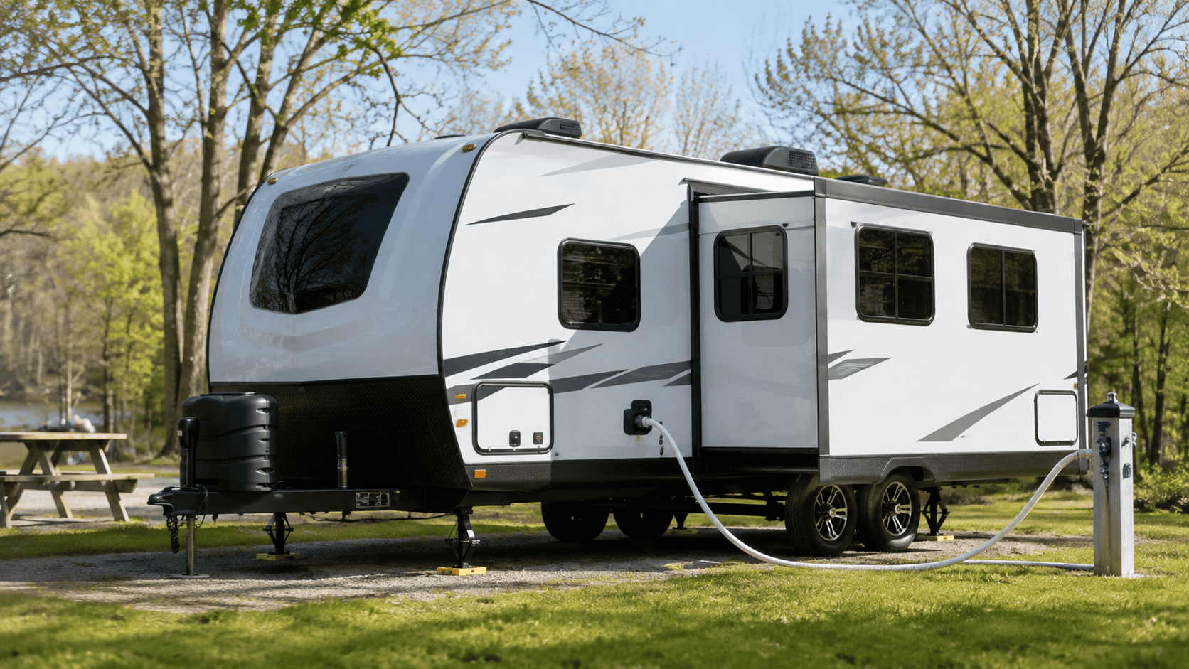 RV connected to a fresh-water hose at a spring campsite while being de-winterized.